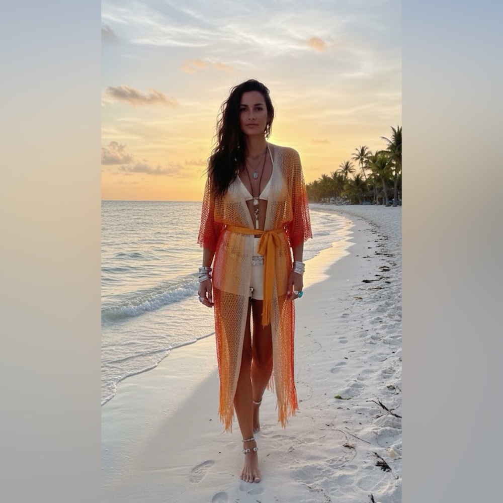Boho Sunset Ombre Mesh Maxi Kimono Cover-Up Fringe Festival Beach Party O/S - Picture 1 of 11